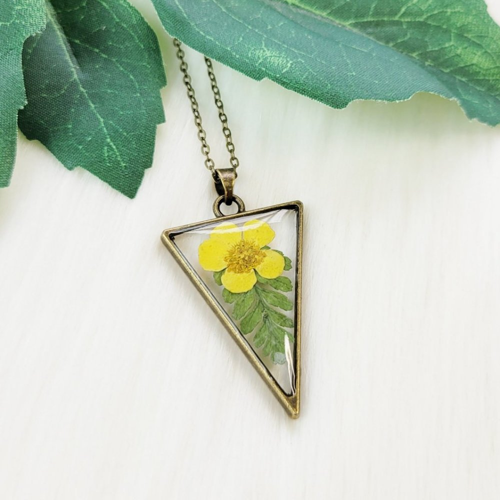 Floral Pendant Necklace Yellow and Green Pressed Dried Flowers Triangle Bezel